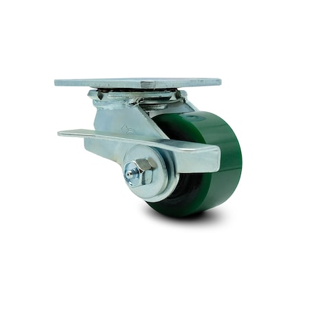 Service Caster 3.25 Inch Green Poly on Cast Iron Swivel Caster with Roller Bearing and Brake SCC-30CS3420-PUR-GB-SLB